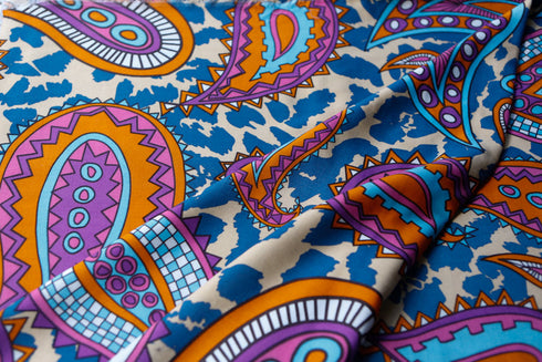 Purple Orange Blue Oversized Paisley Challis Fabric 33 inches in Length