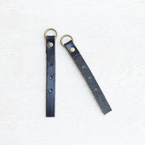 2 Pieces of 4 and 1/4 inch Black Leather Straps with Antique Brass Ring and Snap Antique Brass