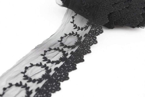 Black Floral Lace Mesh Trim 4 Inch Width by the yard
