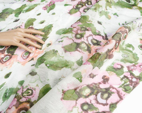 Pink and Green Floral Silk Gauze Piece Approximately 36x 36 inches LWW00103