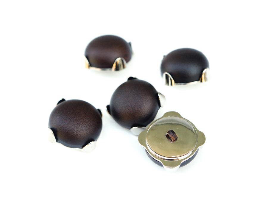25mm Leather Like Buttons Dark Brown and Silver 5 Pieces - Felinus Fabrics