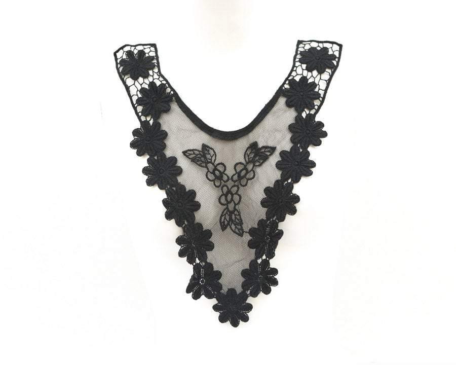 Black V Shape Floral Mesh Lace Applique - Felinus Fabrics