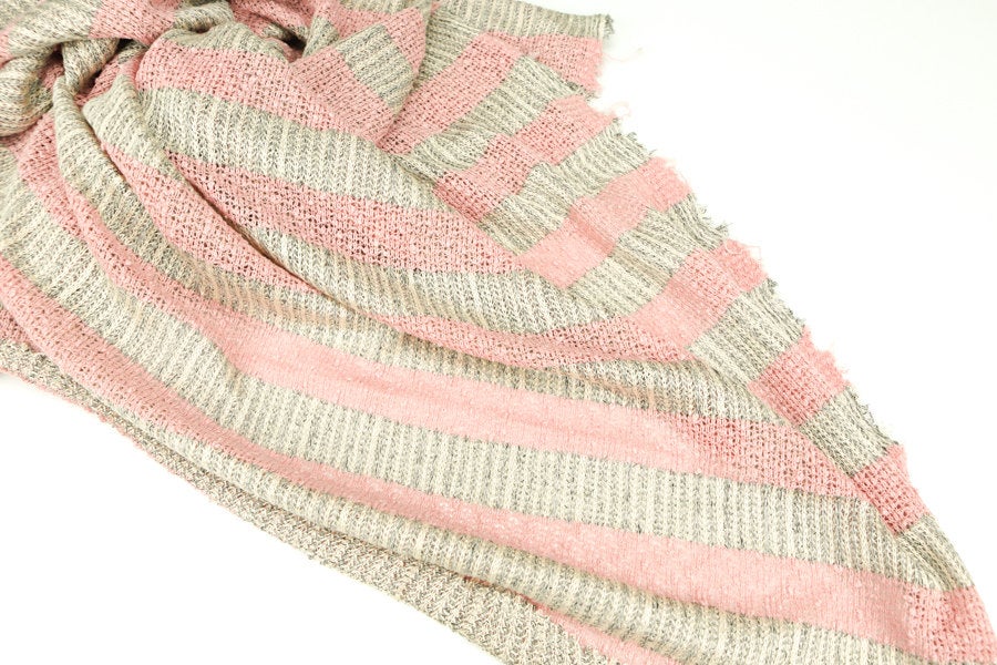 Pink Cream and Heather Black and Off White Stripe Open Weave Sweater Knit Fabric 1 yard and 34 Inches
