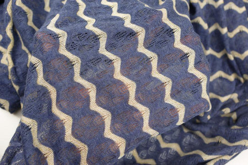 Muted Blue and Gold Stripe Open Weave Sweater Knit Fabric Fancy Wavy Stripes 33 inches length Extra Wide OSK00201