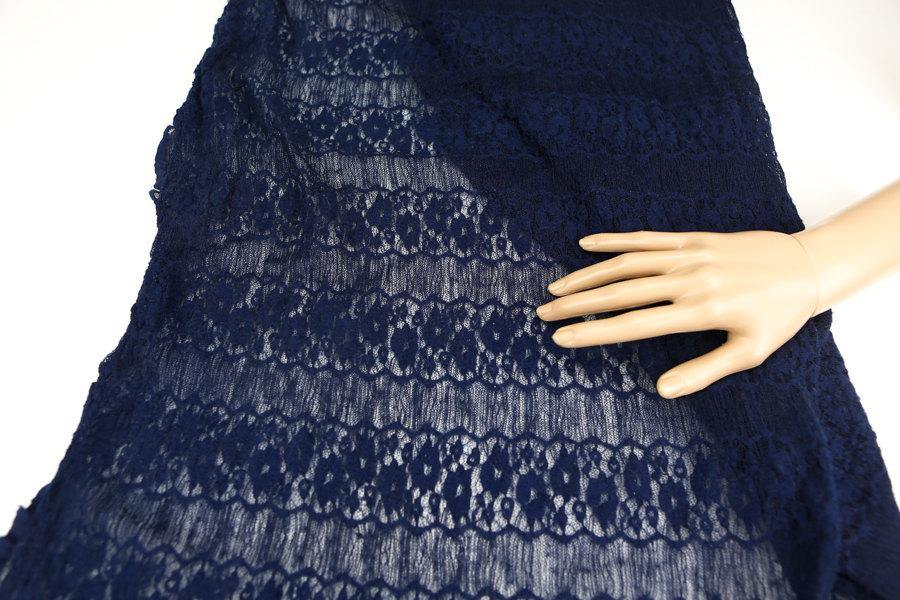 Dark Blue Floral Stripe Stretch Lace Knit Fabric by the yard - Felinus Fabrics