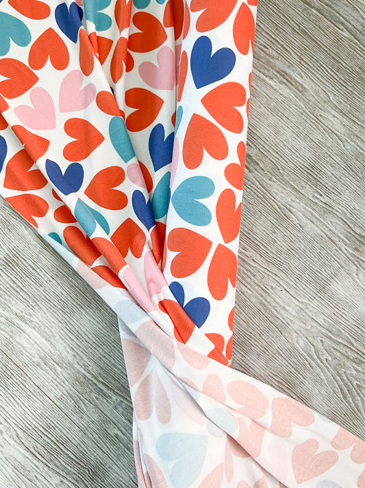 Orange Blue Hearts Print Sweater Knit Fabric by the yard IRREGULAR
