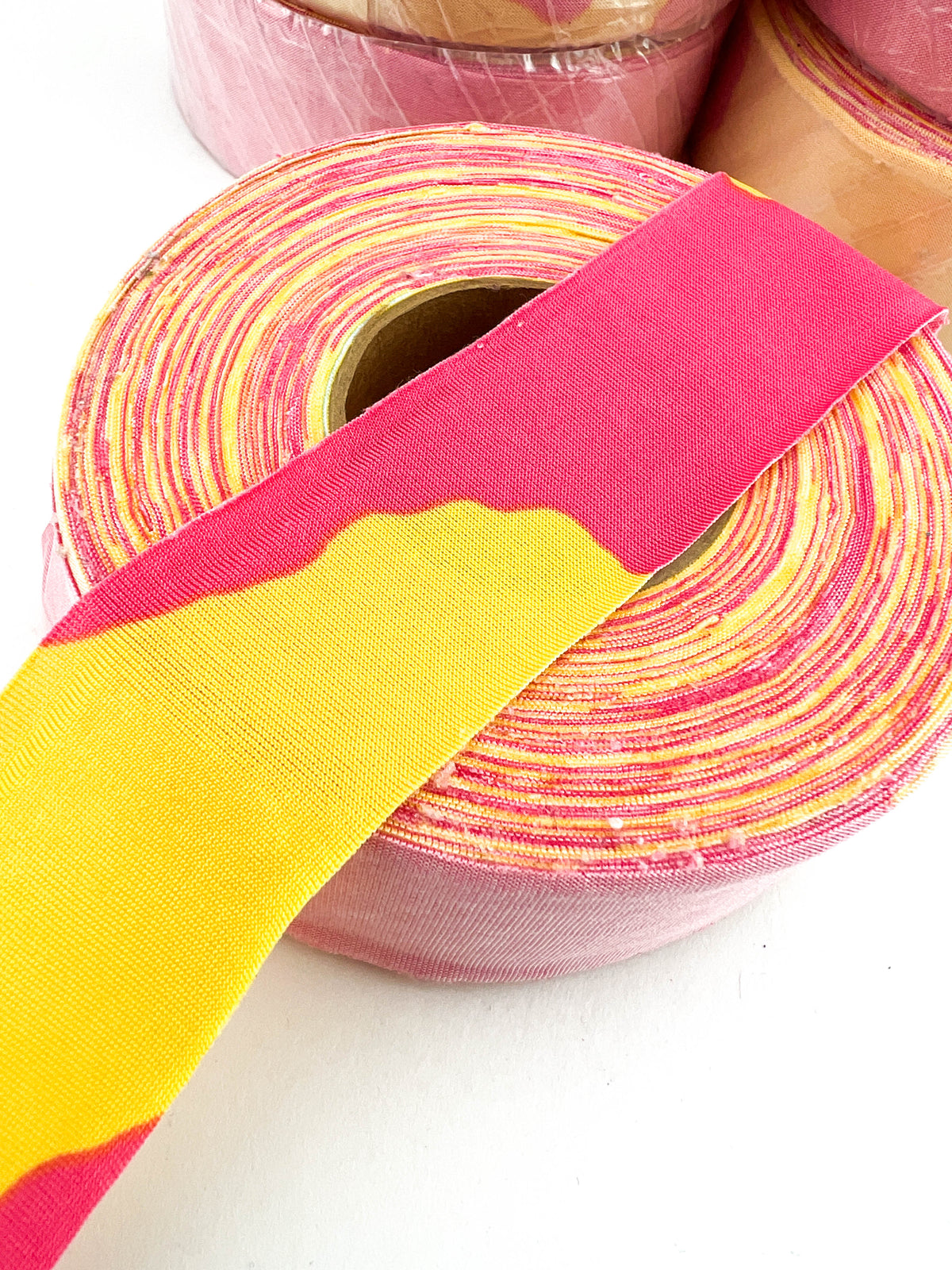 Yellow and Pink Camo Print Knit Bias Tape Bundle: 7 Rolls, 105+ Yards, 1.25" Width