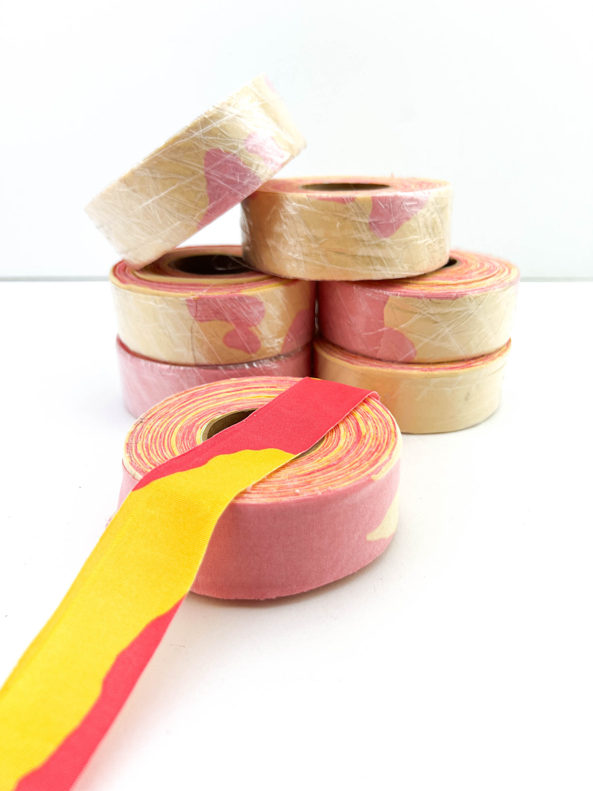 Yellow and Pink Camo Print Knit Bias Tape Bundle: 7 Rolls, 105+ Yards, 1.25" Width