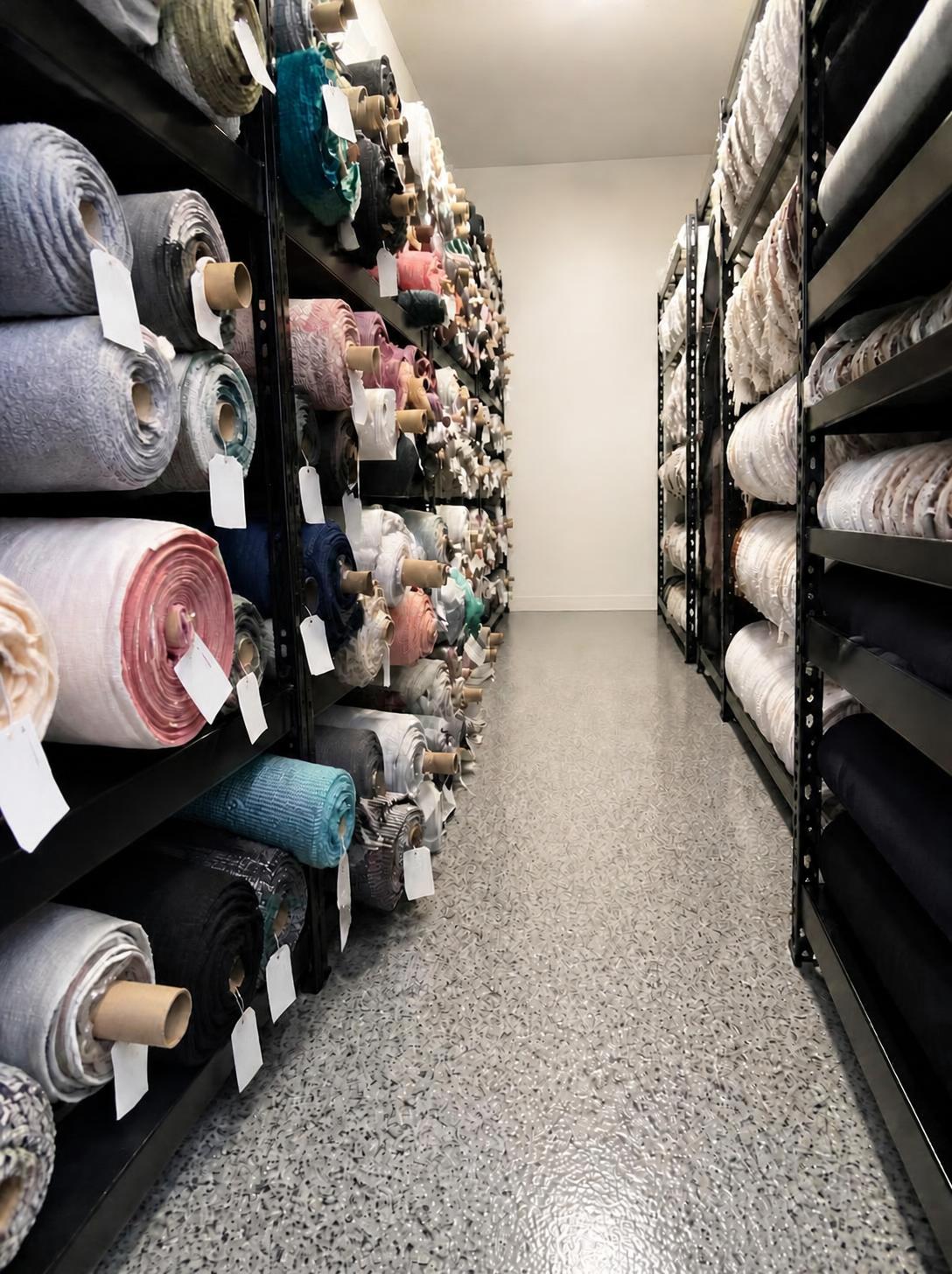 Rolls of deadstock fabric and trim on black shelving in the Felinus Fabrics stockroom