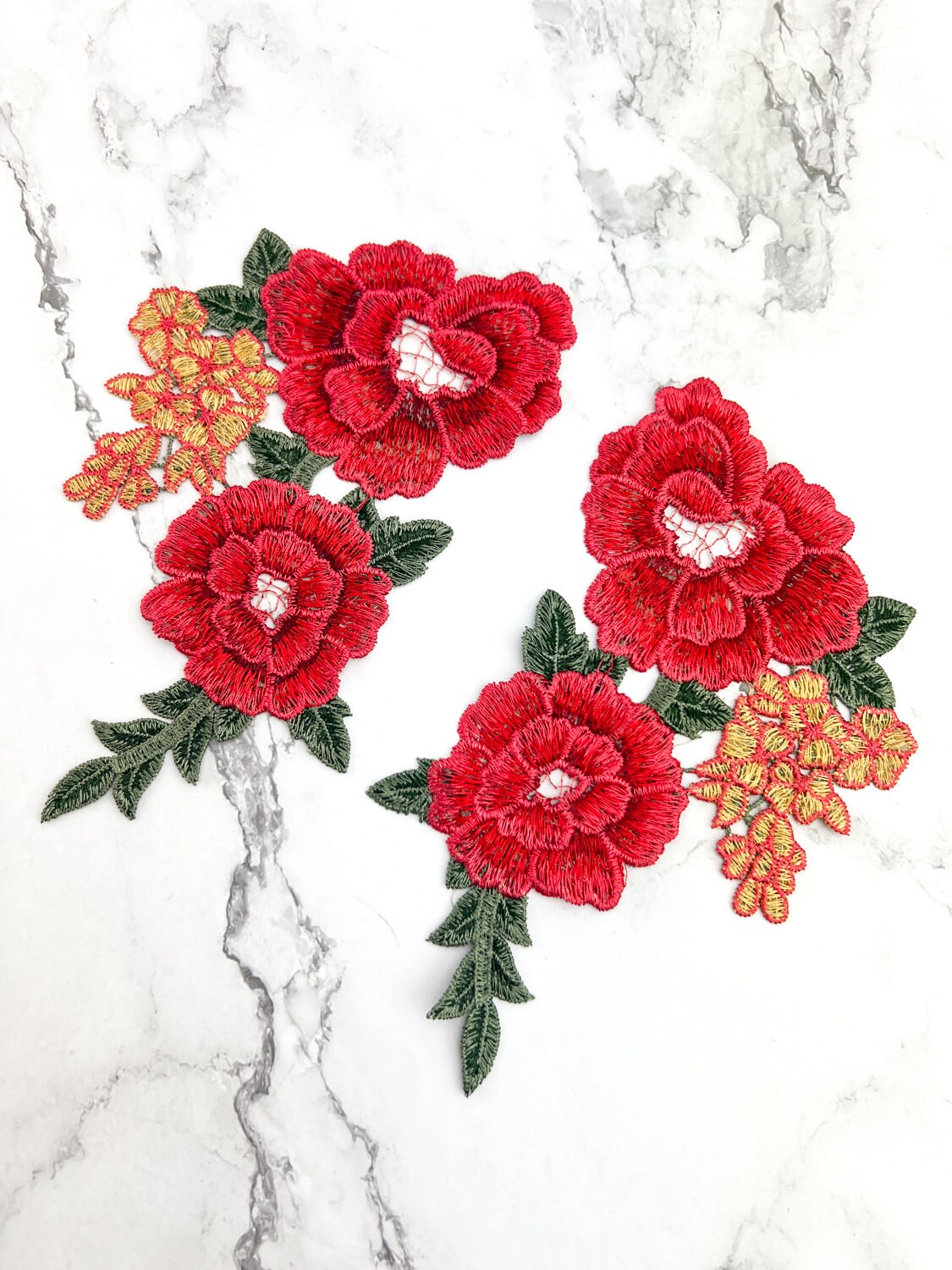 Red and Gold Floral Flower Applique 2 Piece Set