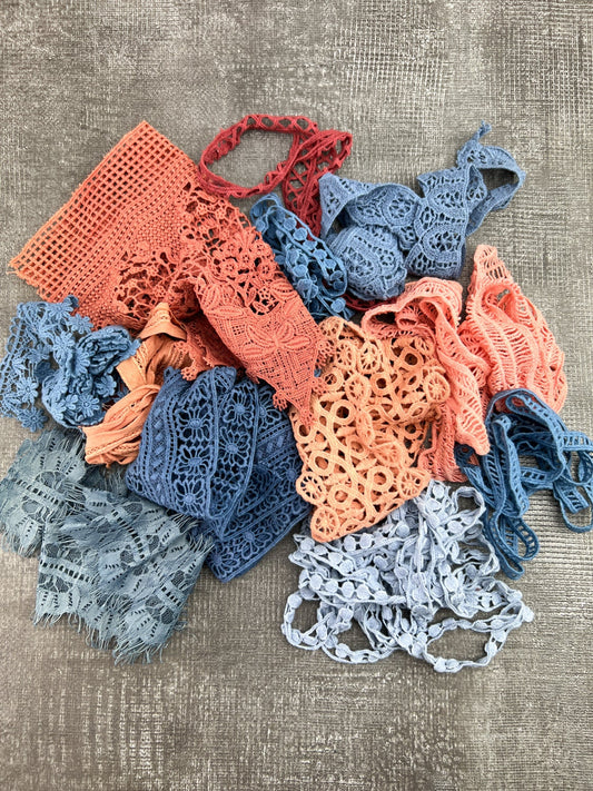 Terra Cotta and Periwinkle Lace Trims Variety Trim Scrap Pack Scrap Bundle Pack 12 Pieces