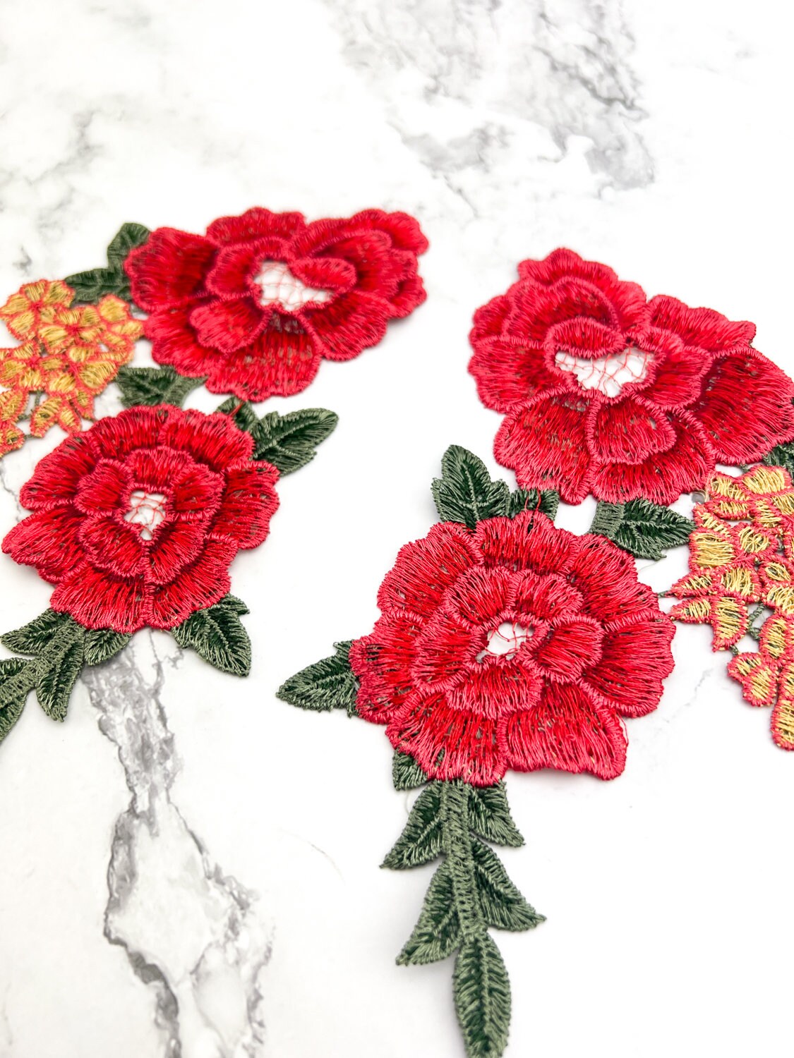 Red and Gold Floral Flower Applique 2 Piece Set