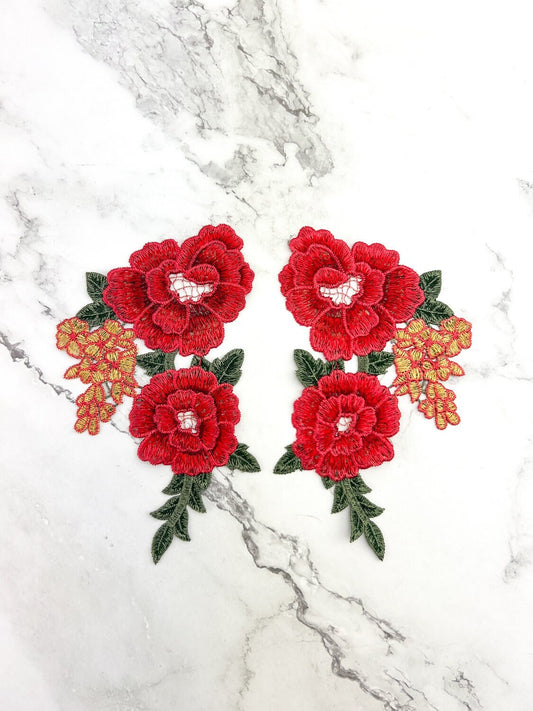 Red and Gold Floral Flower Applique 2 Piece Set