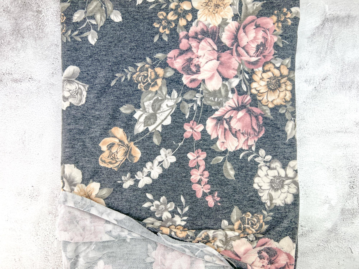 Heather Gray Floral Baby French Terry Knit Fabric Remnant 1 yard