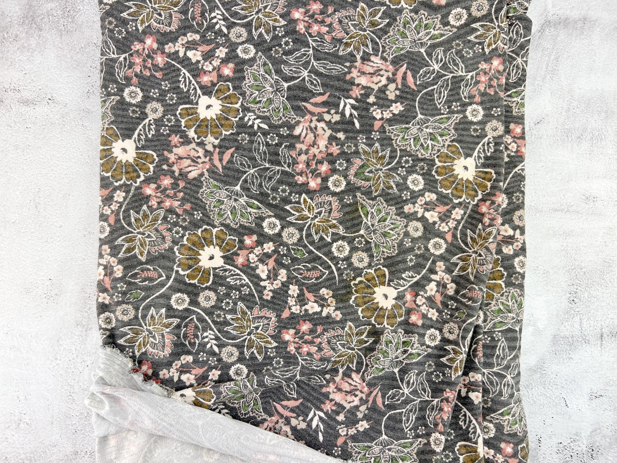 Brown Floral Wavy Rib Knit Fabric Remnant 2.5 yards