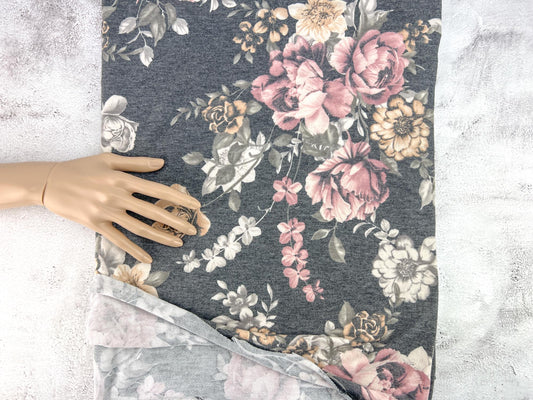 Heather Gray Floral Baby French Terry Knit Fabric Remnant 1 yard