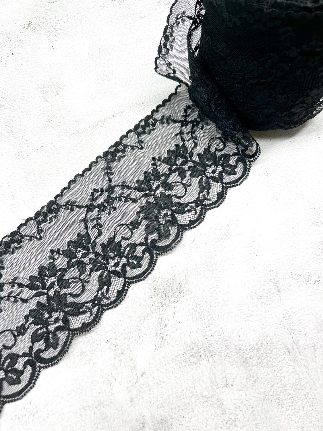 Black Floral Scalloped Lace Trim by the yard