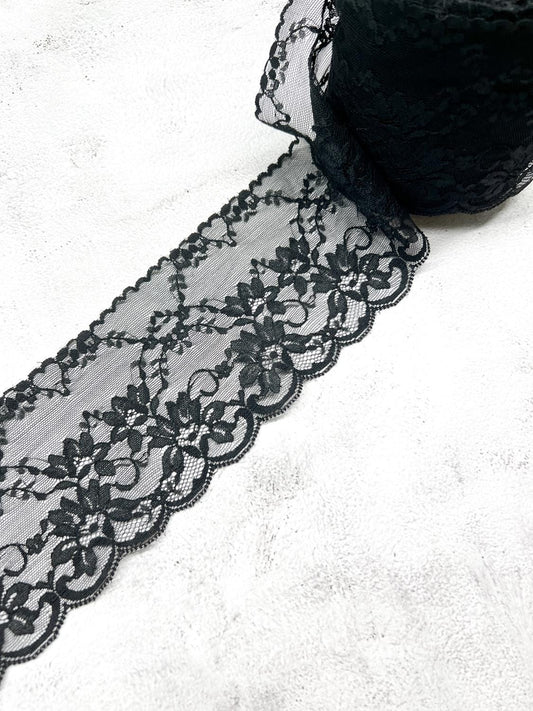 Black Floral Scalloped Lace Trim by the yard