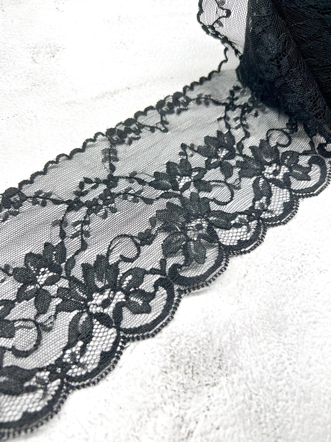 Black Floral Scalloped Lace Trim by the yard