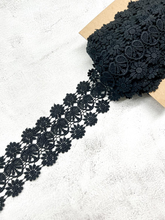 Black Floral Cotton Lace Trim Remnant 9.75 yards