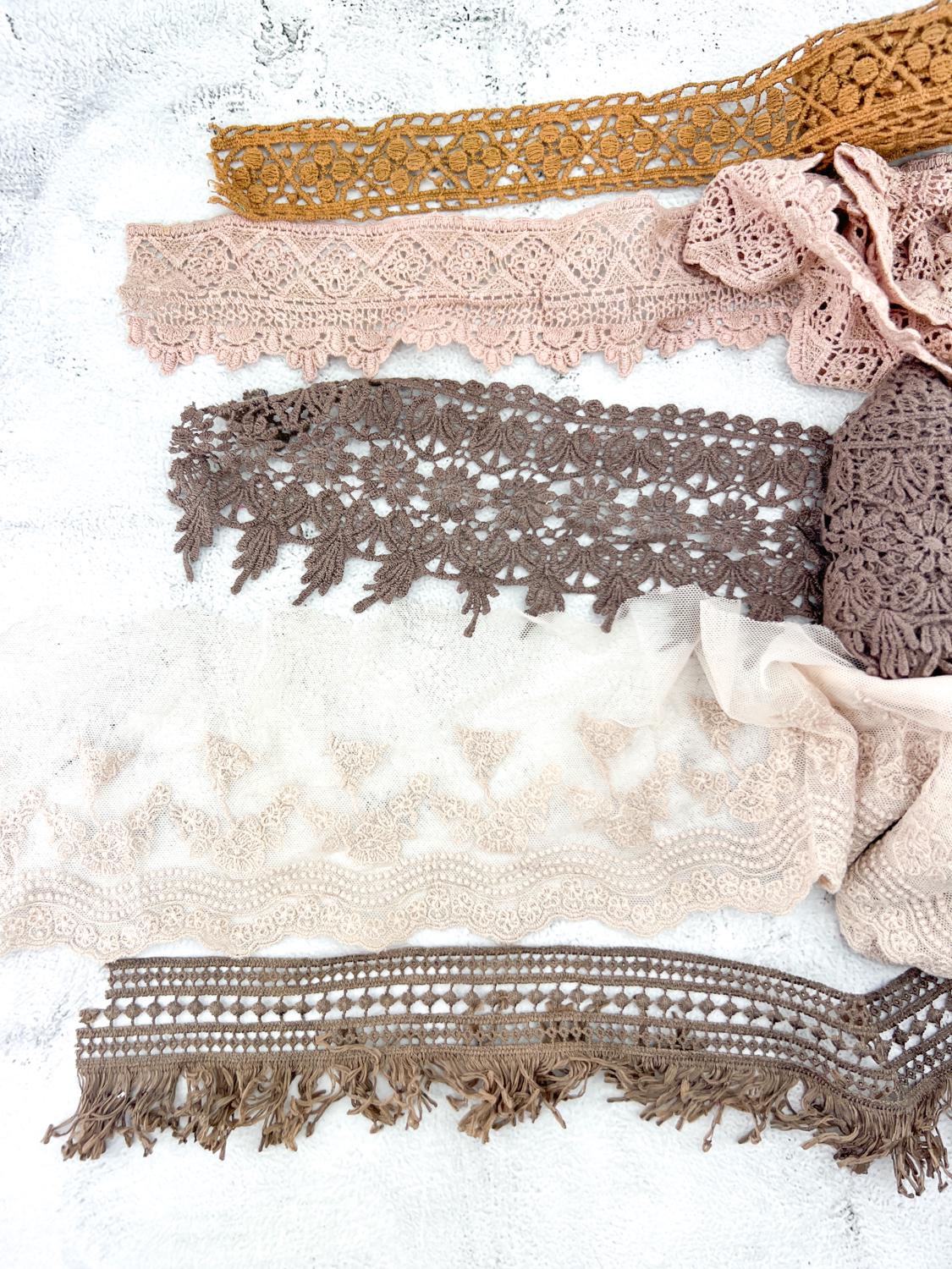 Beige and Brown Lace Trims Variety Trim Scrap Pack Scrap Bundle Pack 19 Pieces