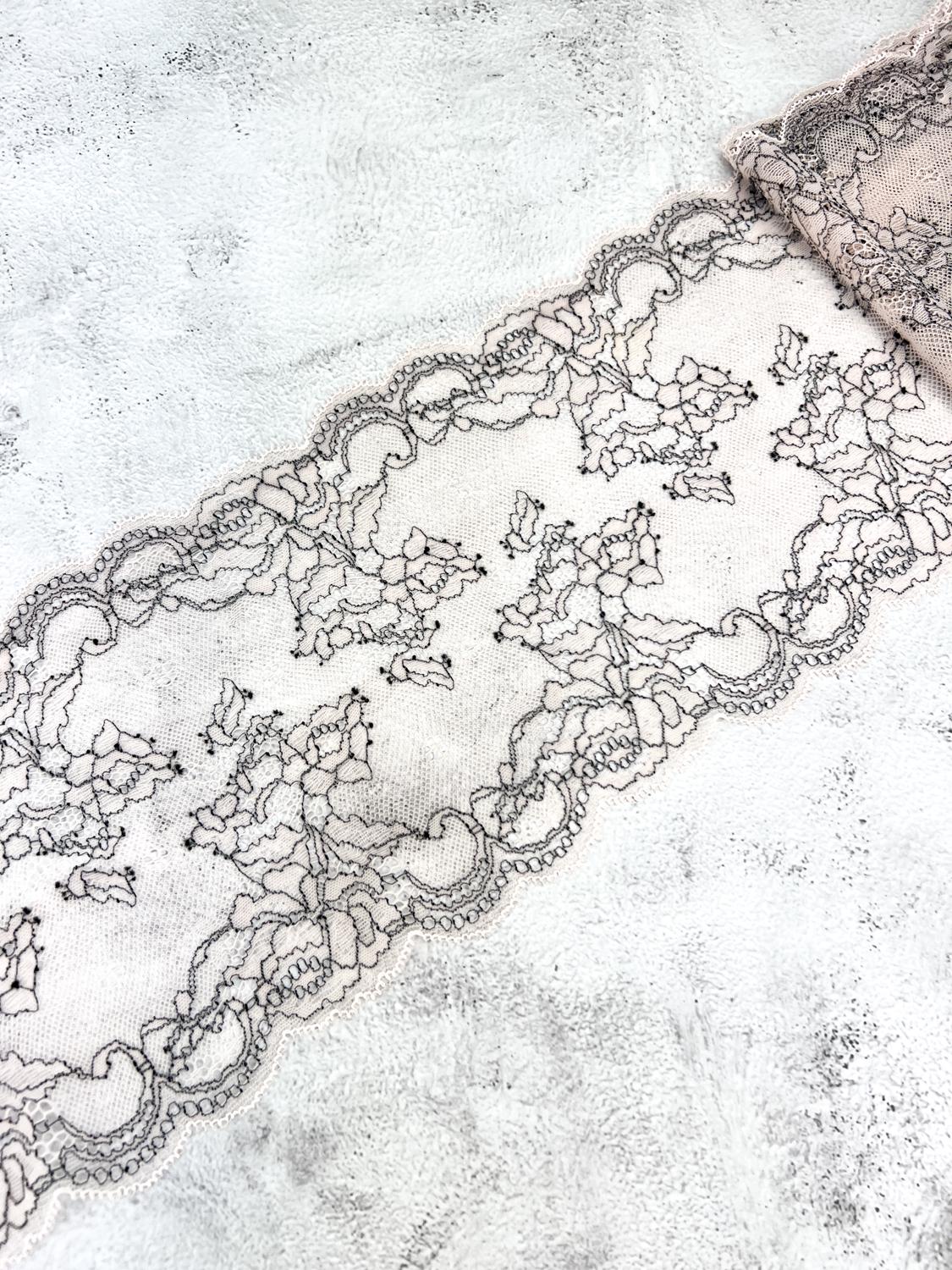 Beige and Black Floral Stretch Lace Trim Remnant 2 yards