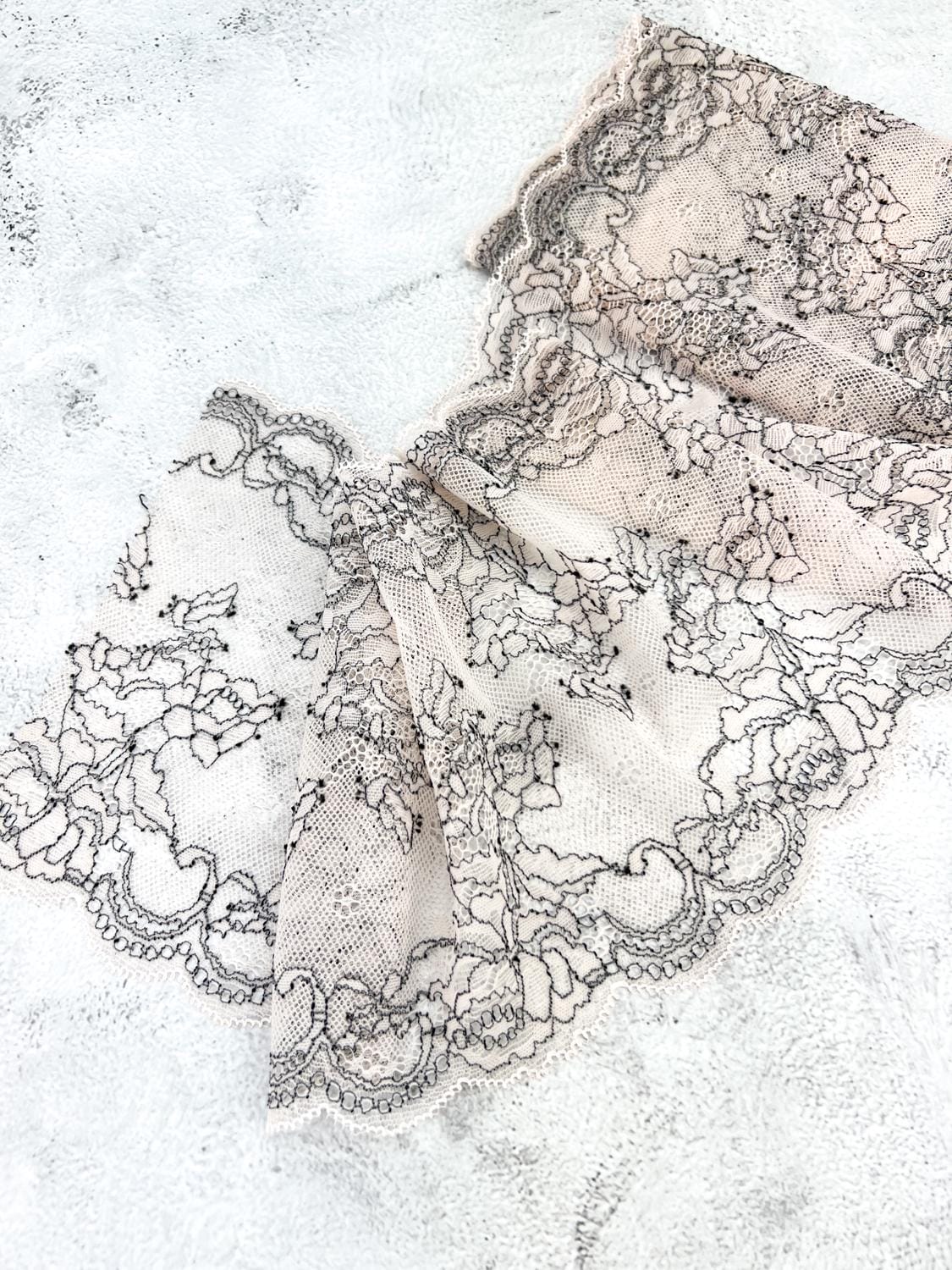 Beige and Black Floral Stretch Lace Trim Remnant 2 yards