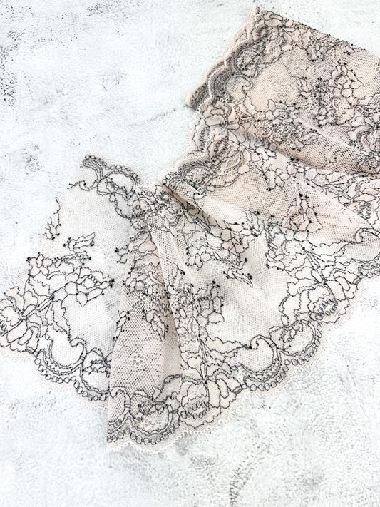 Beige and Black Floral Stretch Lace Trim Remnant 2 yards