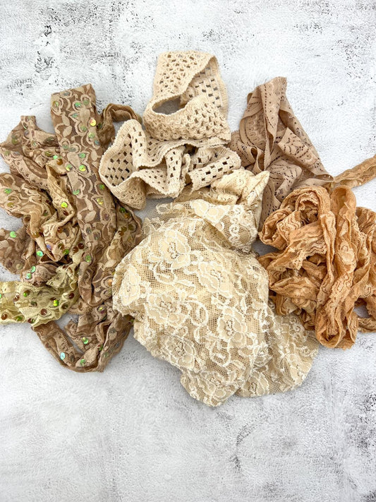 Beige Stretch Lace Trims Variety Trim Scrap Pack Scrap Bundle Pack 5 Pieces
