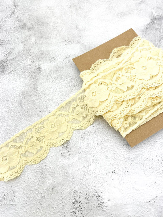 Yellow Stretch Lace Trim Remnant 7 yards Total Irregular