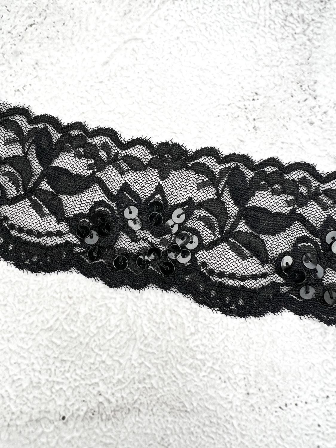 Black Sequined Stretch Lace Trim Remnant 7 yards