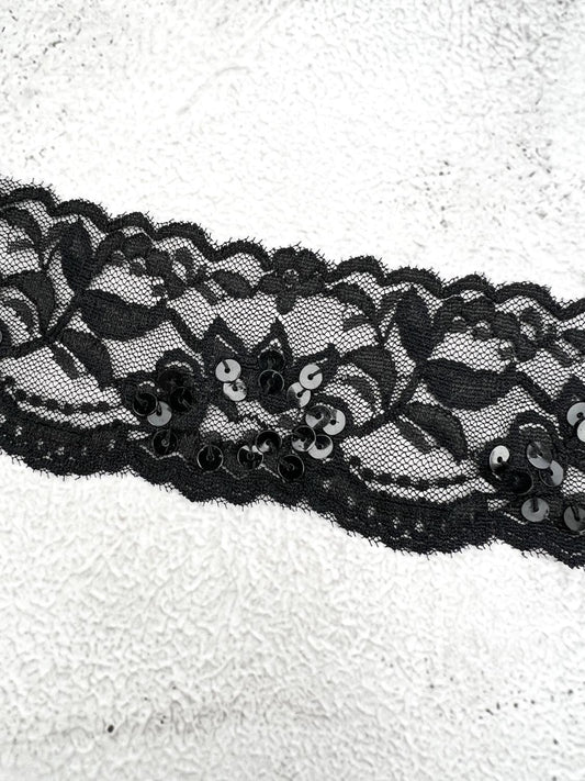 Black Sequined Stretch Lace Trim Remnant 7 yards