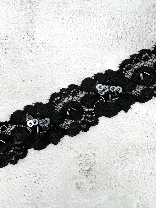 Black Sequined Stretch Lace Trim Remnant 13 yards
