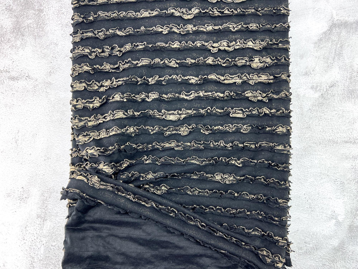 Black and Gold Ruffled Tier Knit Fabric Remnant 33 inches length