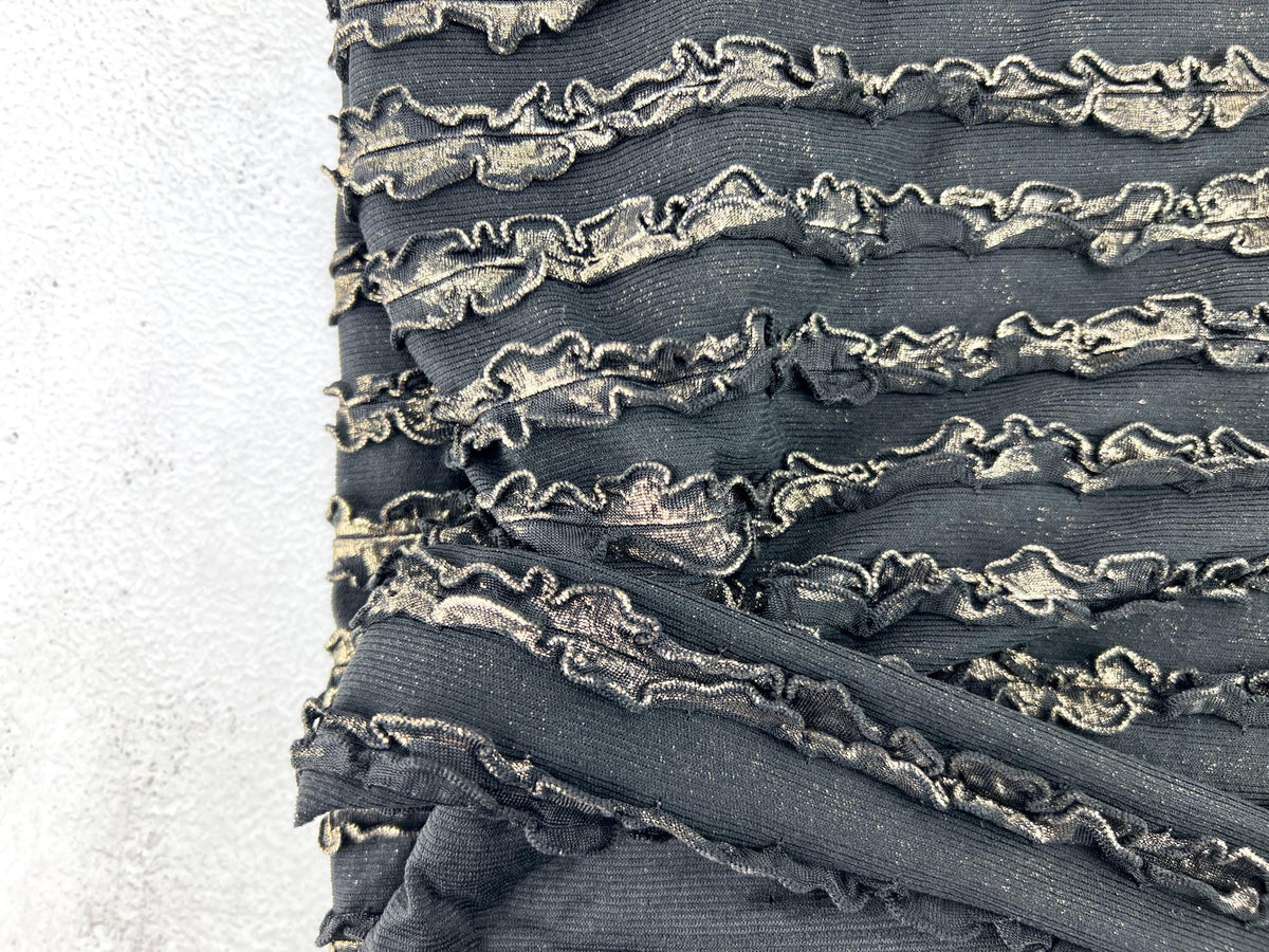 Black and Gold Ruffled Tier Knit Fabric Remnant 33 inches length