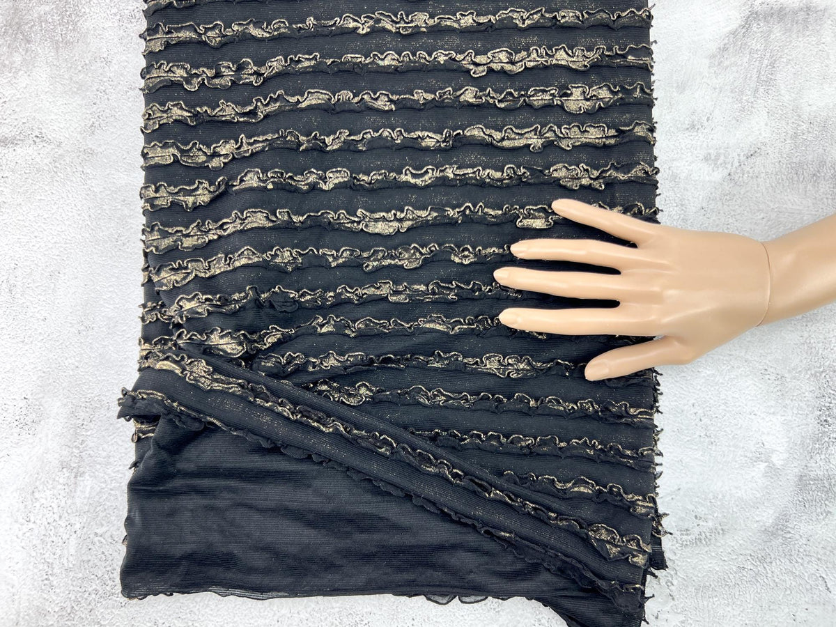 Black and Gold Ruffled Tier Knit Fabric Remnant 33 inches length