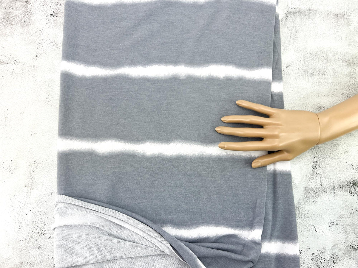 Gray and Off White Stripe Print Baby French Terry Knit Fabric Remnant 1.25 yards