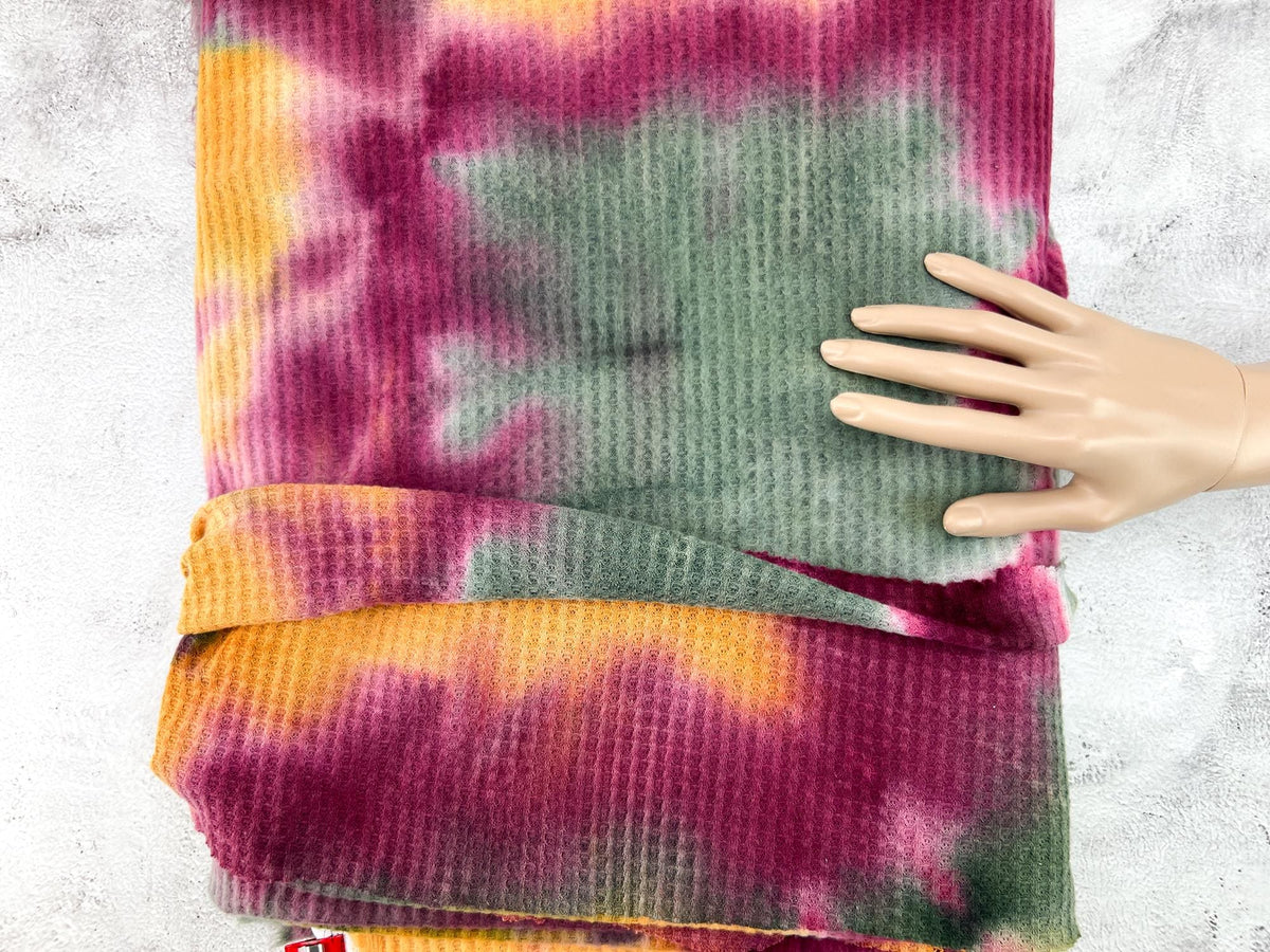 Magenta Green Mustard Tie Dye Brushed Waffle Sweater Knit Fabric Remnant 2 yards