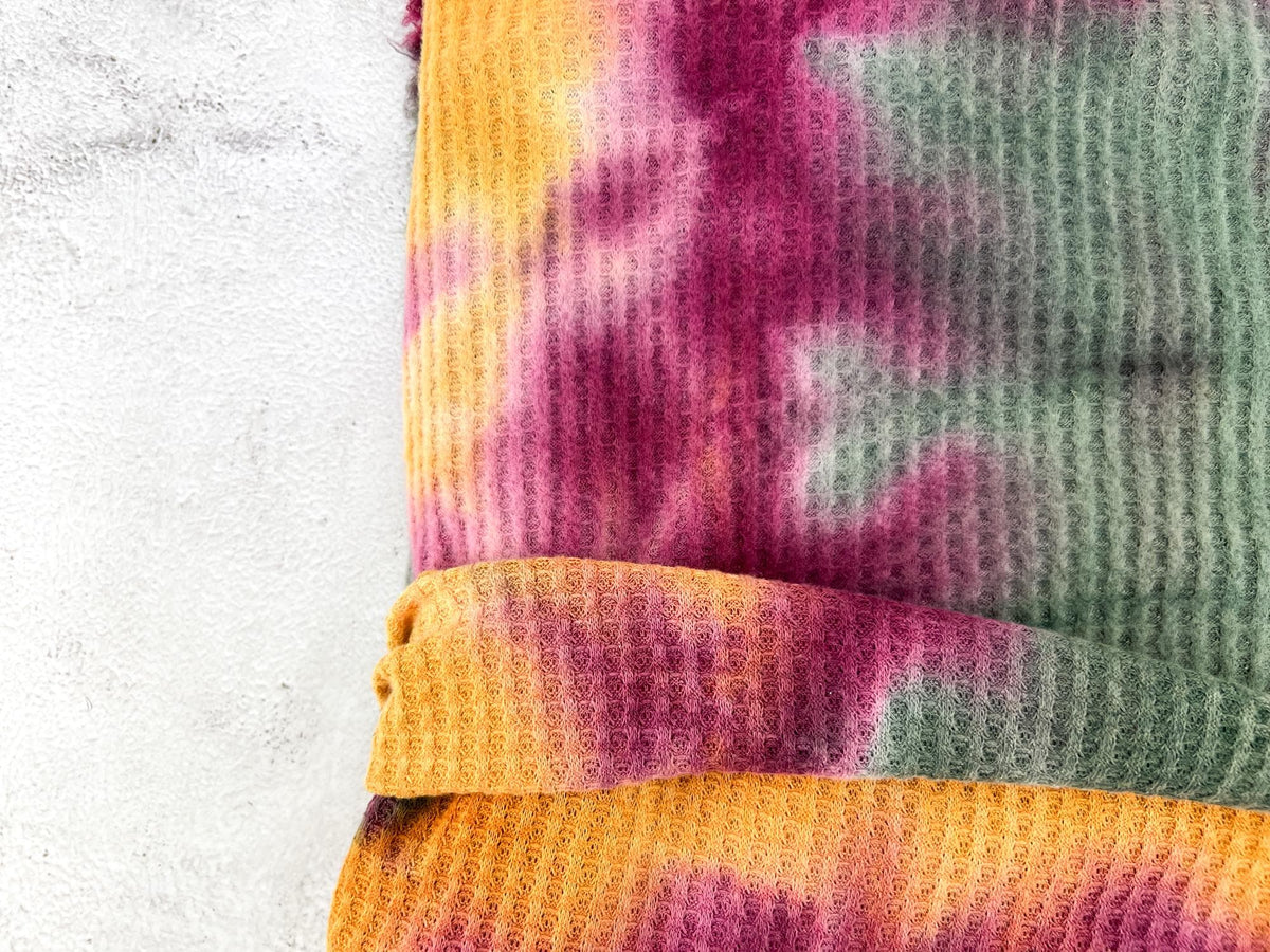 Magenta Green Mustard Tie Dye Brushed Waffle Sweater Knit Fabric Remnant 2 yards