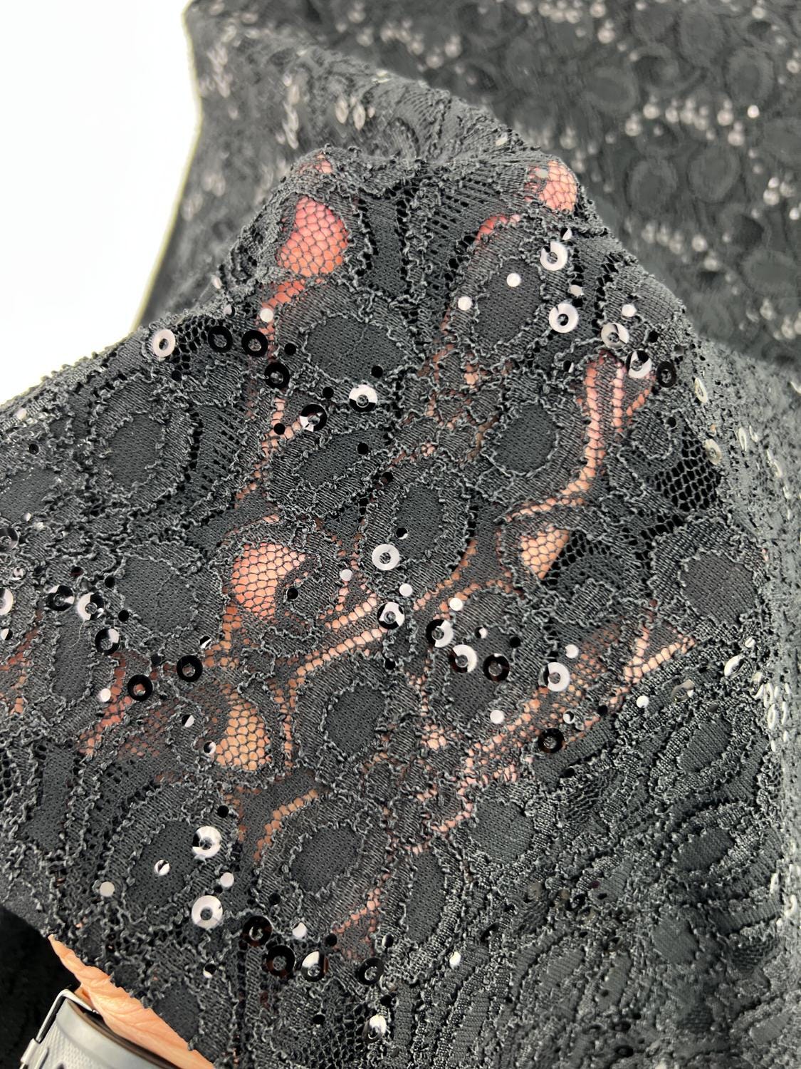 Black Sequined Floral Stretch Lace Fabric Remnant 2.75 yards
