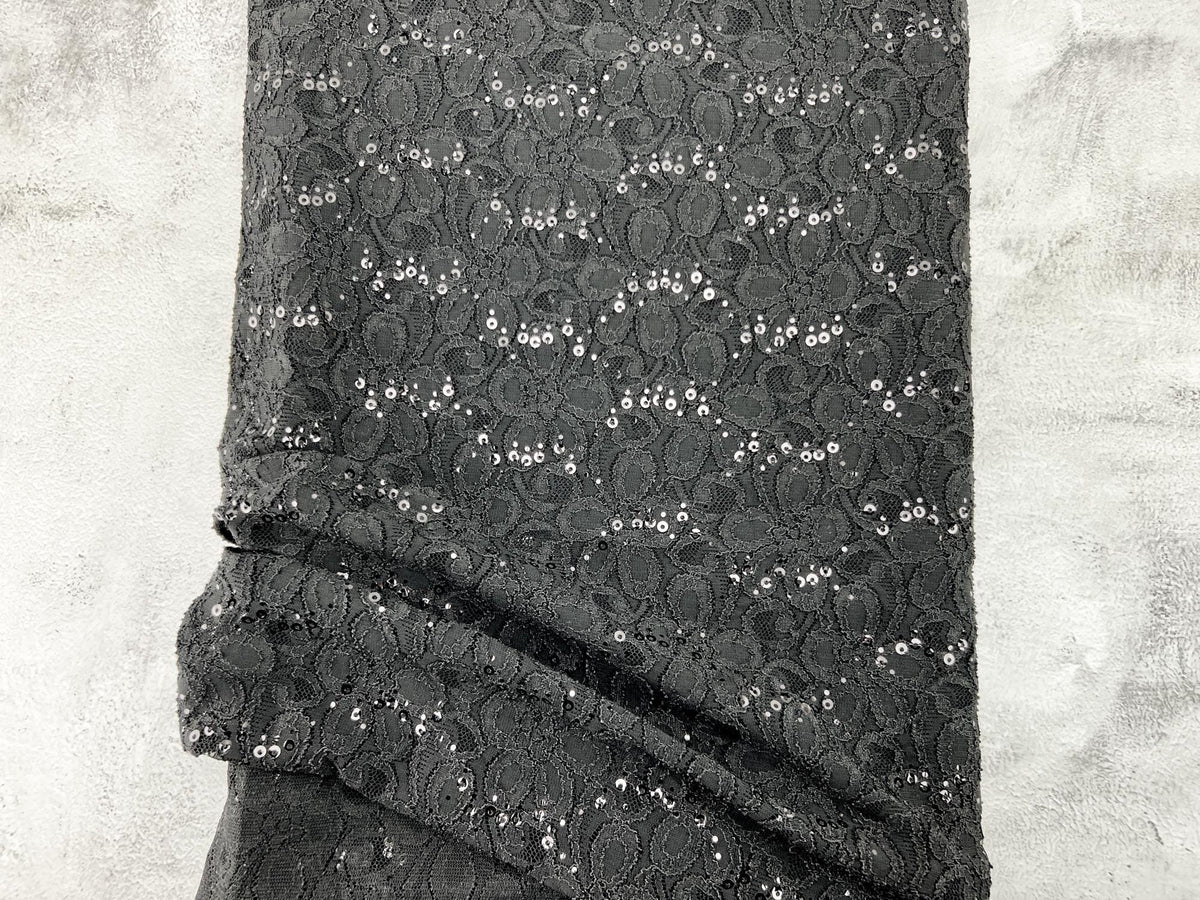 Black Sequined Floral Stretch Lace Fabric Remnant 2.75 yards