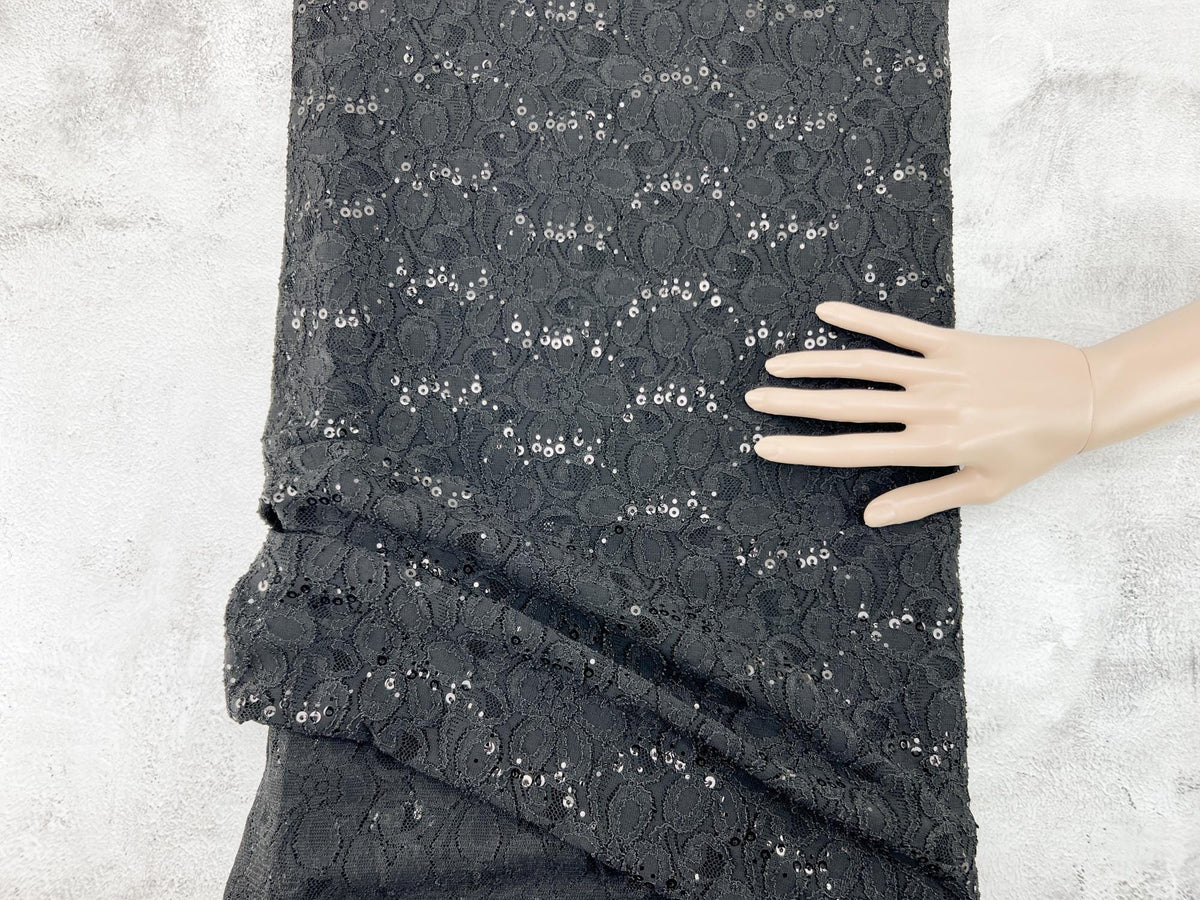 Black Sequined Floral Stretch Lace Fabric Remnant 2.75 yards