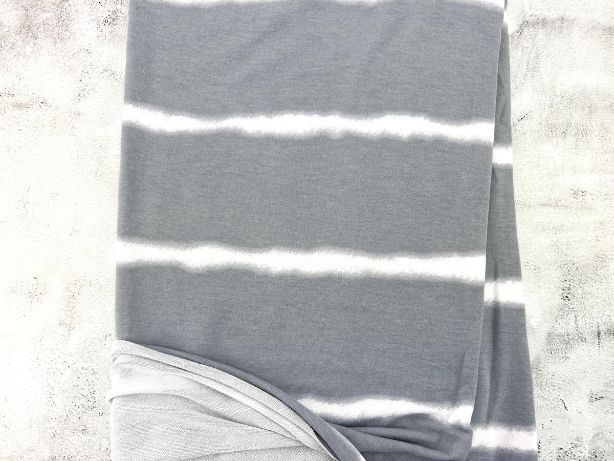 Gray and Off White Stripe Print Baby French Terry Knit Fabric Remnant 1.25 yards