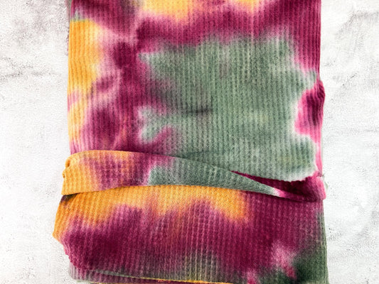 Magenta Green Mustard Tie Dye Brushed Waffle Sweater Knit Fabric Remnant 2 yards