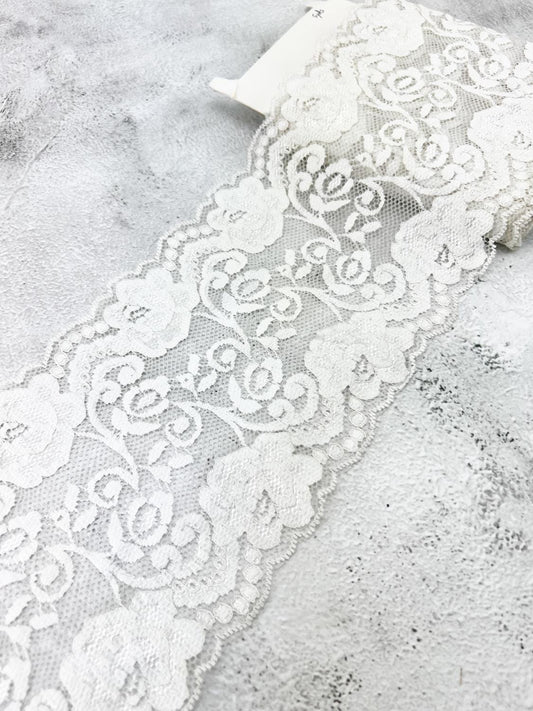 White Floral Stretch Lace Trim Wide Lace Trim Remnant Stretchy Lace 5.75 inches width x 5 yards