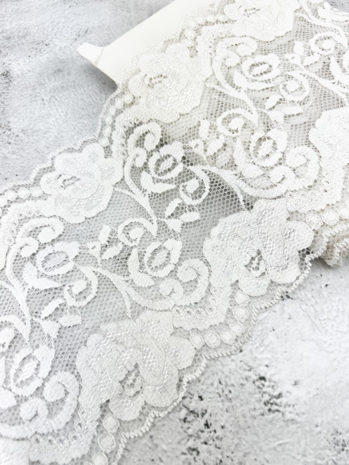 White Floral Stretch Lace Trim Wide Lace Trim Remnant Stretchy Lace 5.75 inches width x 5 yards