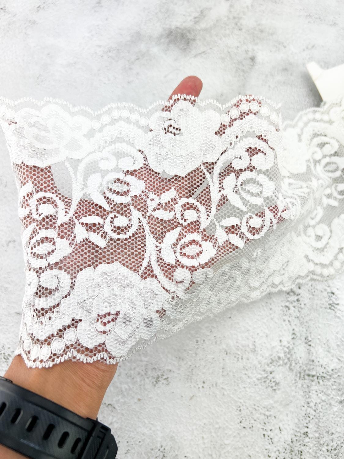 White Floral Stretch Lace Trim Wide Lace Trim Remnant Stretchy Lace 5.75 inches width x 5 yards