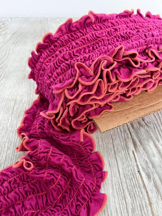 Dark Pink and Orange Rusched Knit Trim Remnant 6.5 yards