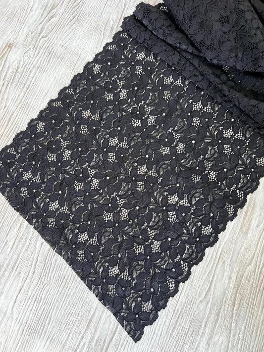Black Floral Scalloped Stretch Lace Trim Extra Wide 1.5 yards