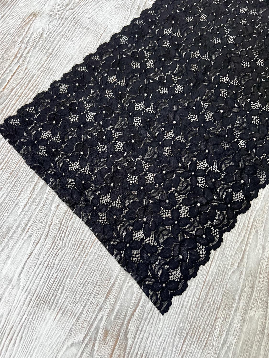 Black Floral Scalloped Stretch Lace Trim Extra Wide 1.5 yards